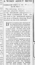 A newspaper column headed A WORD ABOUT BEND, describing the Commercial Club’s newly printed letterheads.