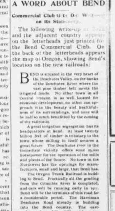 A newspaper column headed A WORD ABOUT BEND, describing the Commercial Club’s newly printed letterheads.