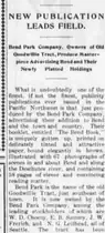 A newspaper column headed NEW PUBLICATION LEADS FIELD, describing the Bend Park Company’s booklet and naming its Seattle stockholders.
