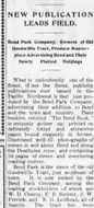 A newspaper column headed NEW PUBLICATION LEADS FIELD, describing the Bend Park Company’s booklet and naming its Seattle stockholders.