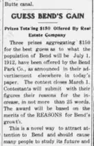 A short newspaper item headed GUESS BEND'S GAIN, reporting that the Bend Park Company has offered three prizes totalling $150 for the best guess at Bend's population on July 1, 1912, that the contest closes March 1, and that entrants must give their reasons in not more than 25 words.