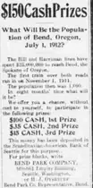 A single-column newspaper advertisement headed $150 Cash Prizes, asking what the population of Bend, Oregon will be on July 1, 1912, offering $100, $35 and $15, and giving the Bend Park Company's Seattle address.