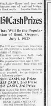 The same single-column advertisement headed $150 Cash Prizes, asking what the population of Bend, Oregon will be on July 1, 1912.
