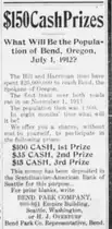 The same single-column advertisement headed $150 Cash Prizes, asking what the population of Bend, Oregon will be on July 1, 1912.