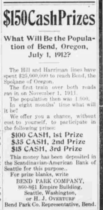 The same single-column advertisement headed $150 Cash Prizes, asking what the population of Bend, Oregon will be on July 1, 1912.