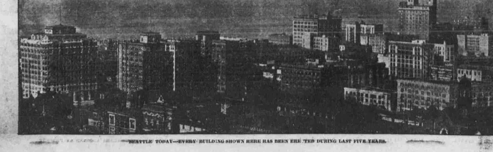 A Seattle panorama printed below the article on the same page.
