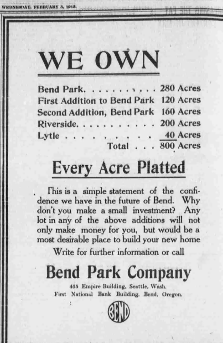 The Bend Park Company’s advertisement on the same page carries a small emblem.