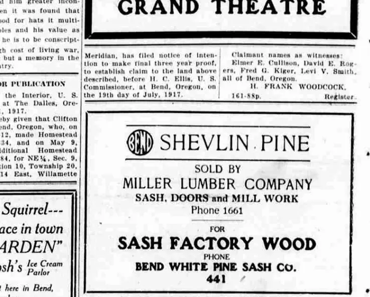 A newspaper advertisement in a ruled box, headed by a circular BEND device followed by the words SHEVLIN PINE, over SOLD BY MILLER LUMBER COMPANY, SASH, DOORS and MILL WORK, Phone 1661.