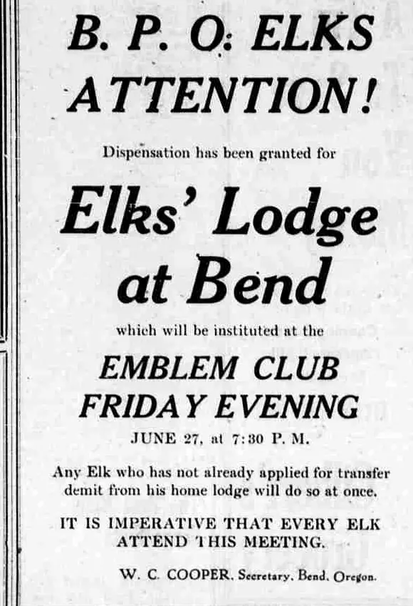 The Elks’ meeting notice, with its time and place.