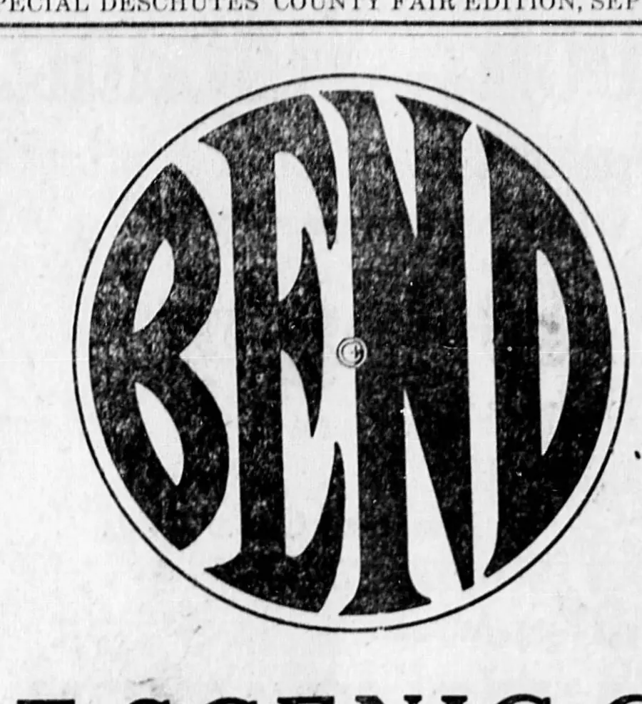 A circular BEND device whose letters are filled with a halftone photograph of forested hillside, inside a thin ruled circle.