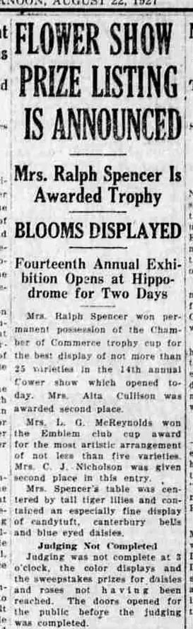 The flower-show report names the Emblem Club cup winner.