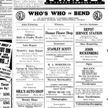 A newspaper business directory headed “WHO’S WHO in BEND”, with a circular BEND device at each end of the banner and three columns of trade headings beneath it.