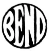 A solid circular device with the word BEND reversed out in white condensed interlocking capitals filling it edge to edge.