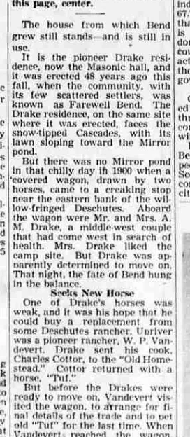 A newspaper column headed by a rule, opening “The house from which Bend grew still stands — and is still in use,” and continuing under the subhead “Seeks New Horse”.