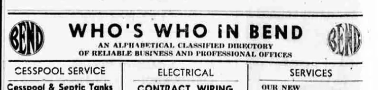 A newspaper business directory banner reading “WHO’S WHO iN BEND” in plain sans-serif capitals, with a circular BEND device at each end and the headings Cesspool Service, Electrical and Services beginning beneath it.