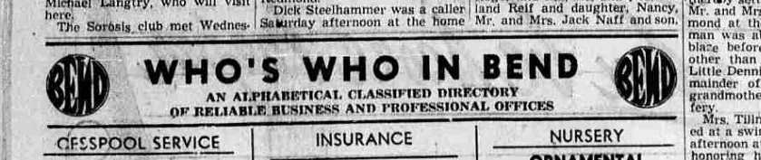 A newspaper business directory banner reading “WHO’S WHO in BEND” with a circular BEND device at each end, the third letter of each reversed.