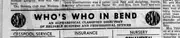 A newspaper business directory banner reading “WHO’S WHO in BEND” with a circular BEND device at each end, the third letter of each reversed.