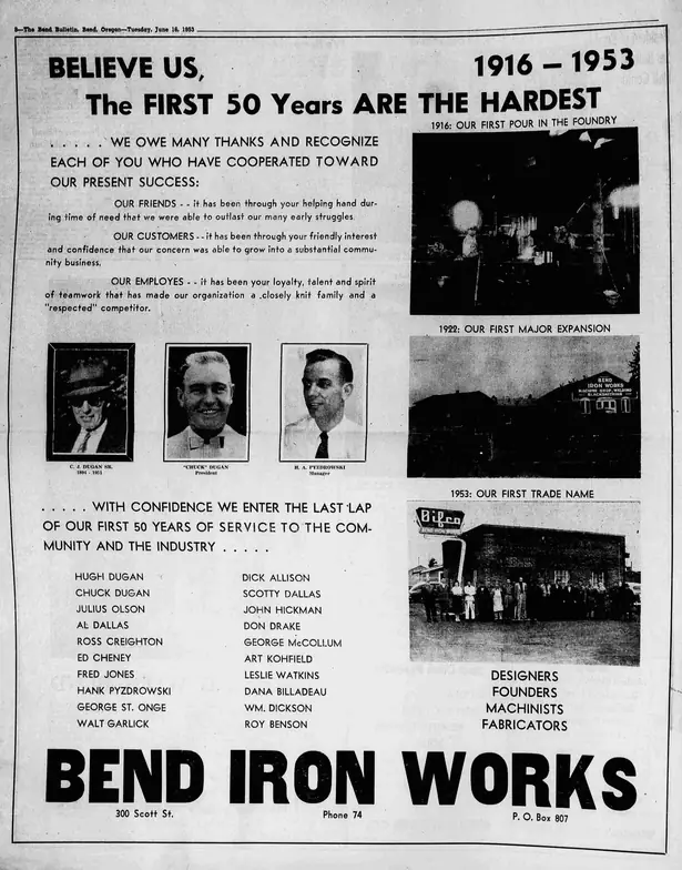 A full-page newspaper advertisement for Bend Iron Works with three dated photographs of the foundry in 1916, 1922 and 1953.