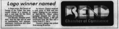 A newspaper notice headed “Logo winner named” beside a black rectangular logo reading BEND in tall knocked-out letters with a landscape inside them and a swan standing in the B, over the words Chamber of Commerce.