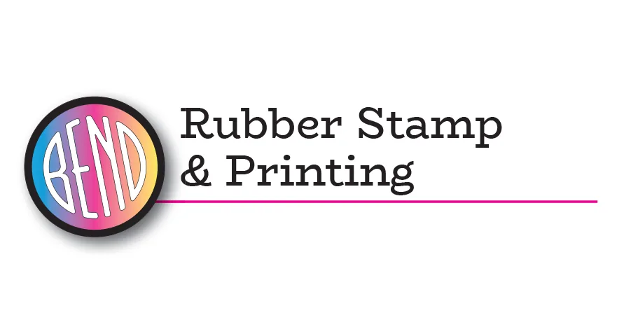 A tilted Bend circle with narrow white letters over a colored background, followed by Rubber Stamp and Printing.