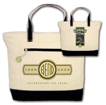 Two canvas tote bags, the larger carrying a BEND emblem over the words 1905 to 2005, celebrating 100 years.