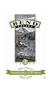 A T-shirt design: a banner reading BEND OREGON over a woodcut landscape, with a green ribbon reading CELEBRATING 100 YEARS.