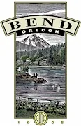 A tall badge with BEND arched over OREGON above a block-printed landscape, and 1905 either side of a small roundel at the foot.