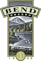 A tall badge with BEND arched over OREGON above a colour block-printed landscape, and a gold roundel enclosing BEND at the foot between 19 and 05.