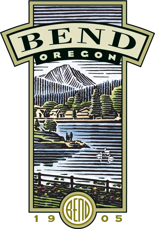 A tall badge with BEND arched over OREGON above a colour block-printed landscape, and a gold roundel enclosing BEND at the foot between 19 and 05.