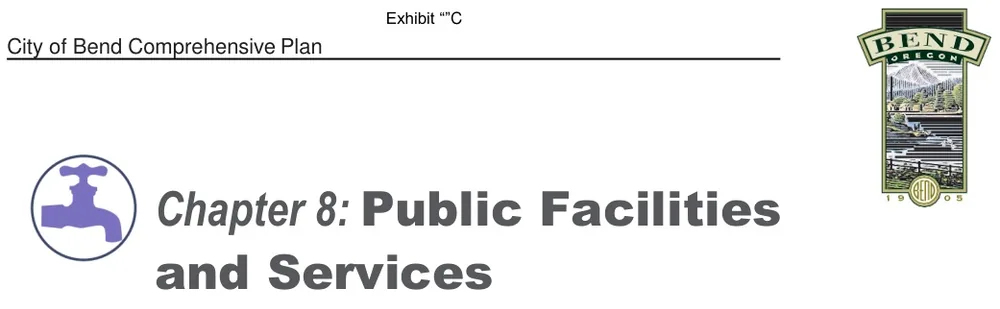 City of Bend Comprehensive Plan, Chapter 8: Public Facilities and Services, with the landscape mark at upper right.