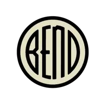 A cream disc with a heavy black ring, the word BEND across it in narrow black letters with an arched third letter.