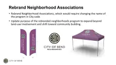 A presentation slide showing purple flags and a canopy beside a City of Bend Neighborhoods emblem.