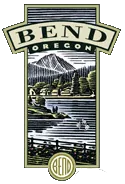 A tall badge: BEND on a curved banner over OREGON, a woodcut mountain and river below, and a small gold roundel at the foot.