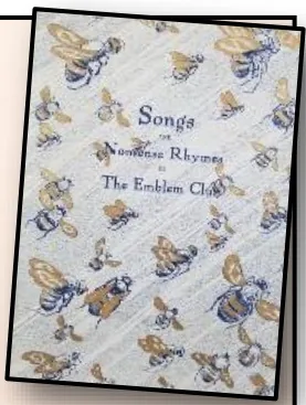 A small floral-covered booklet titled Songs & Nonsense Rhymes of The Emblem Club.