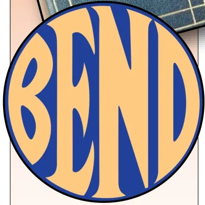 Broad blue BEND letters inside a gold circle, as printed on the museum’s newsletter cover.