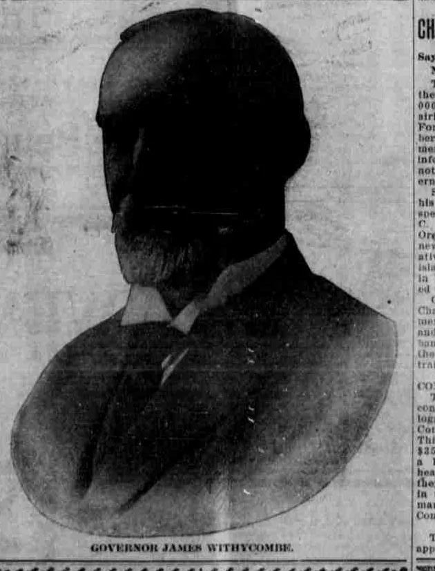 A dark newspaper portrait of Governor James Withycombe in a jacket and tie.