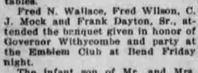 A short newspaper paragraph in a country correspondence column recording that four named men attended the banquet given in honour of Governor Withycombe and party at the Emblem Club at Bend.