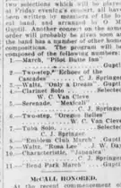 A newspaper concert programme of eleven numbers, four of them credited to O. M. Guptil including the Emblem Club March and the Bend Park March.