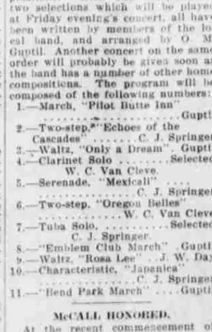 A newspaper concert programme of eleven numbers, four of them credited to O. M. Guptil including the Emblem Club March and the Bend Park March.
