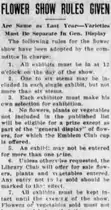 A newspaper column headed “Flower Show Rules Given”, listing numbered rules, the fourth of which reserves the Emblem Club cup for the general display of flowers.