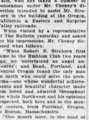 A newspaper column quoting W. D. Cheney recalling that Robert E. Strahorn first came to the Emblem Club two years earlier and that the club entertained an angel unawares.