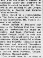 A newspaper column quoting W. D. Cheney recalling that Robert E. Strahorn first came to the Emblem Club two years earlier and that the club entertained an angel unawares.