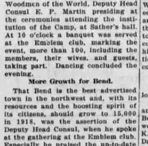 A newspaper column reporting a Woodmen of the World institution banquet at the Emblem club and quoting the Deputy Head Consul calling Bend the best advertised town in the northwest.