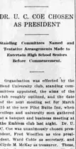 A newspaper column reporting that the Bend University club was organised at a banquet at the Emblem club, with Dr. U. C. Coe chosen president.