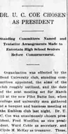 A newspaper column reporting that the Bend University club was organised at a banquet at the Emblem club, with Dr. U. C. Coe chosen president.