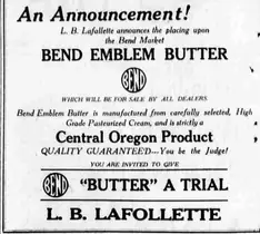 A newspaper display advertisement headed “An Announcement!” for Bend Emblem Butter, printing twice a circular device filled by the word BEND in condensed interlocking capitals.