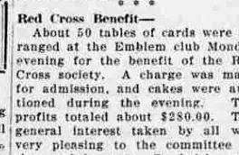 A short newspaper item reporting a Red Cross benefit card party at the Emblem club with about fifty tables and profits of about $280.