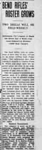 A newspaper column headed “Bend Rifles' Roster Grows”, reporting that the Emblem club hall will be used temporarily for barracks, and printing the company's officers and privates.