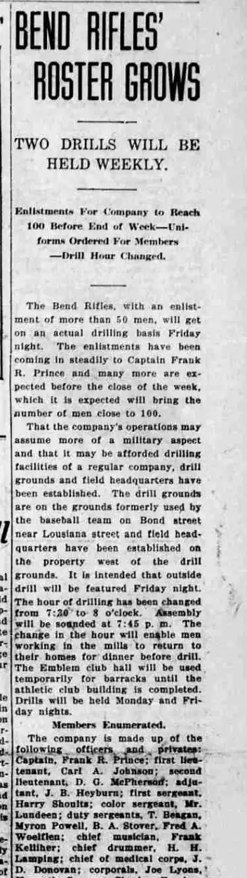 A newspaper column headed “Bend Rifles' Roster Grows”, reporting that the Emblem club hall will be used temporarily for barracks, and printing the company's officers and privates.