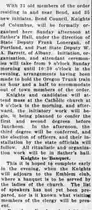 A newspaper column reporting that Bend Council, Knights of Columbus, would be formally organized at Sather's Hall and adjourn to the Emblem club for a banquet.